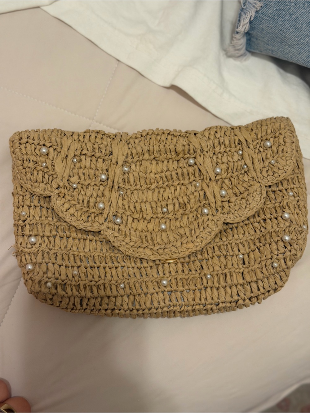 J. Crew Pearl-Accent Handwoven Straw Clutch - Beige
